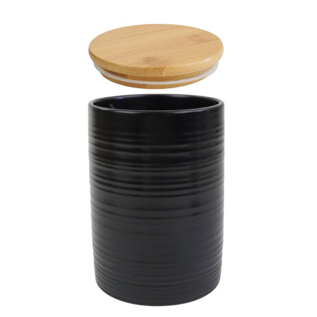 Recipiente de ceramica negro con tapa de madera Recipiente de ceramica negro con tapa de madera
