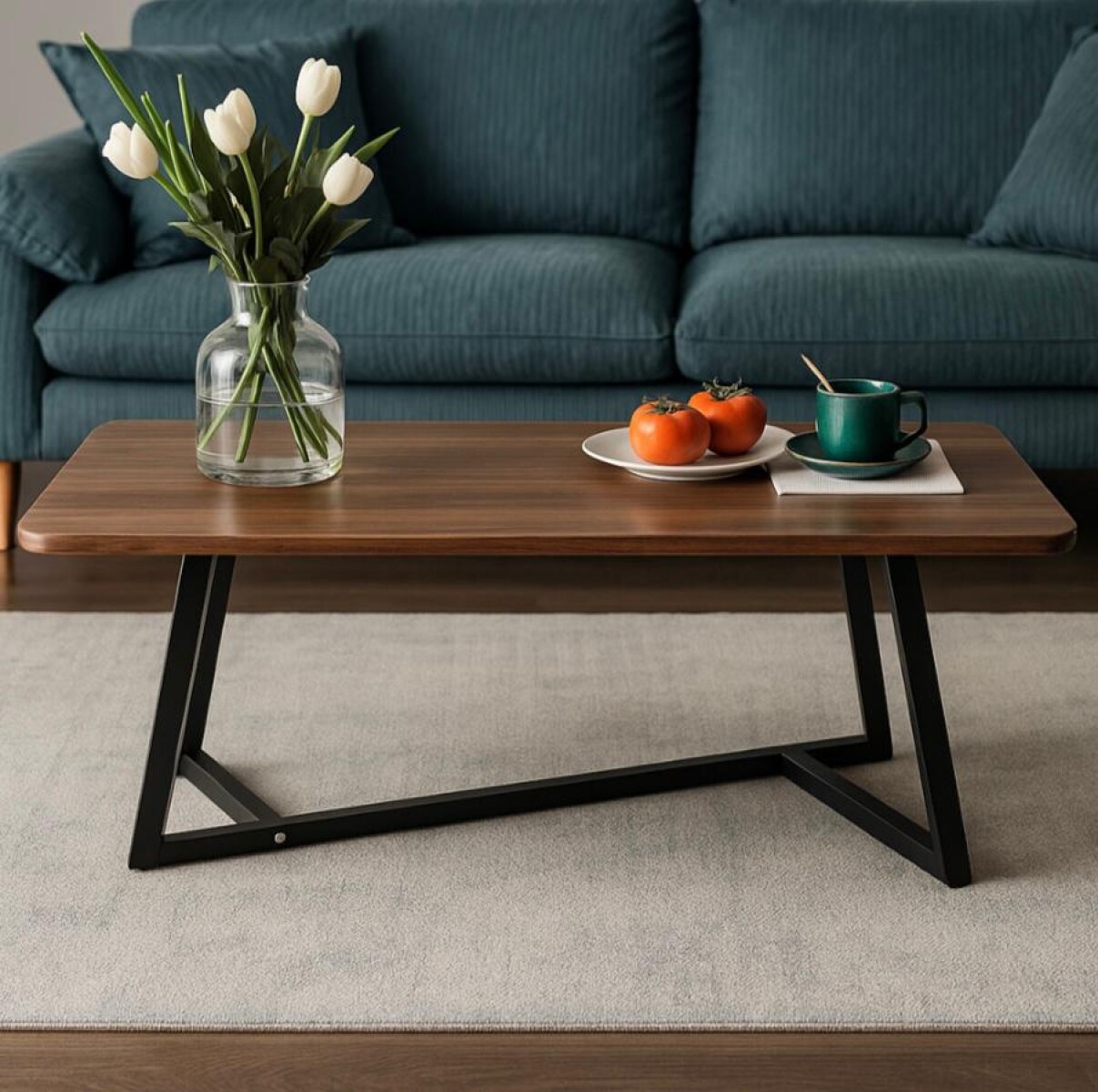 Mesa de Centro Rectangular con Base Cruz de Madera y Metal 