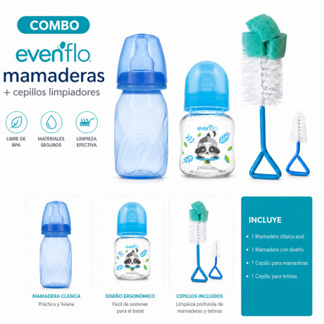 Set Evenflo X2 Mamaderas 120ml Flujo Lento + X2 Cepillos Celeste