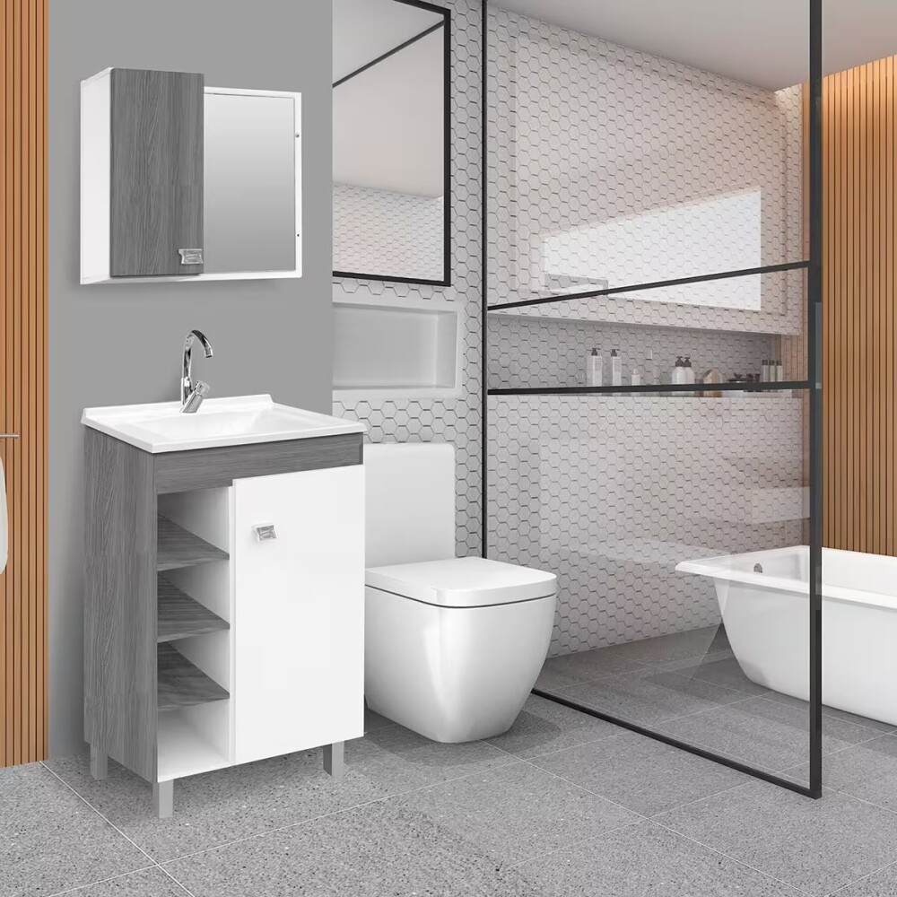 Mueble de baño de pie Sophia Etna 60 cm bacha de resina natural y espejo con botiquín Mueble De Baño De Pie Sophia Etna 60 Cm Bacha De Resina Natural Y Espejo Con Botiquín