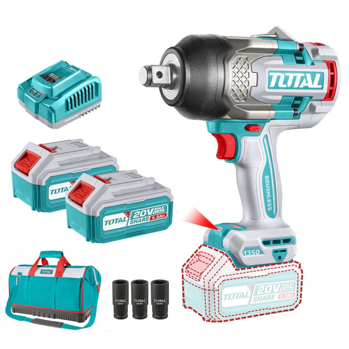 Llave De Impacto Inalámbrica 20v 3/4" 1350Nm - Doble Batería + Bolso 