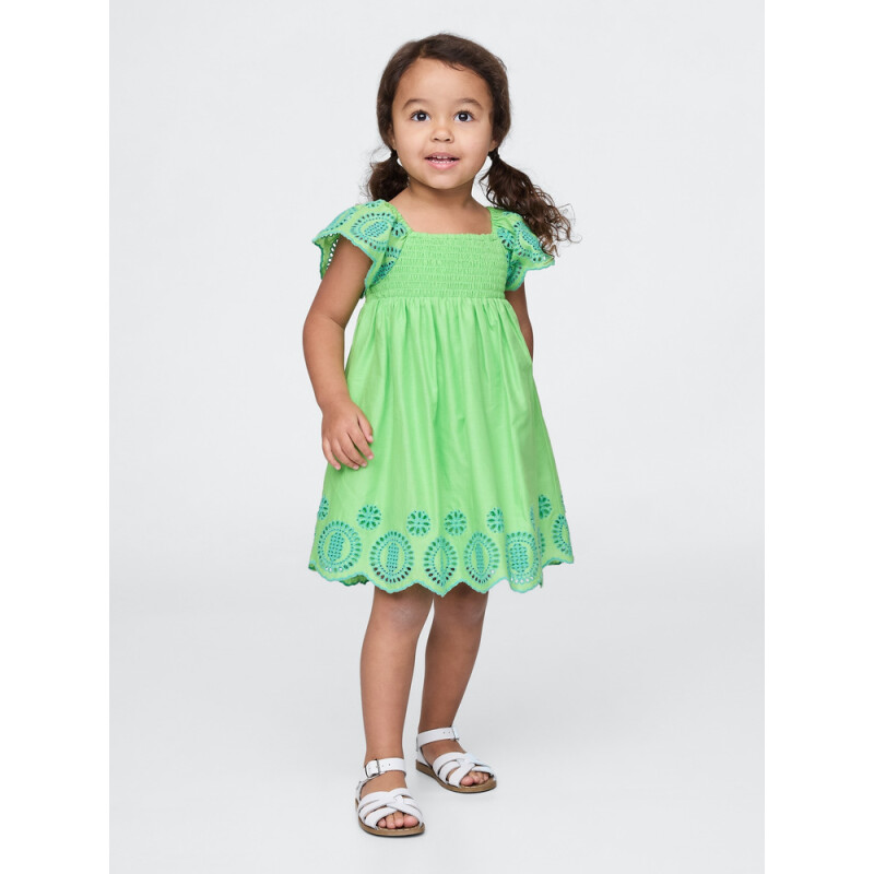 EYELET SMOCKED DRESS JULEP GREEN