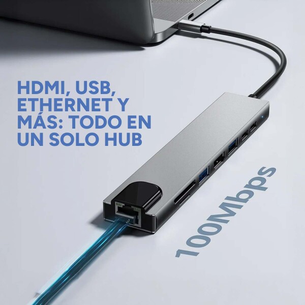 Adaptador Hub Tipo C 5 en 1 Ethernet HDMI 4K 2 USB 3.0 Mac Color Gris