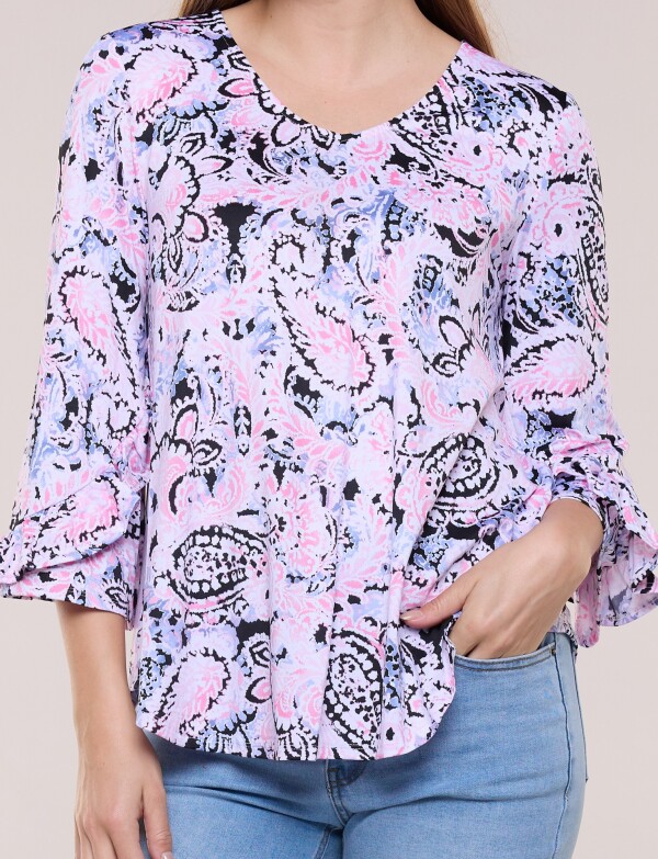 Blusa Holgada Manga 3/4 Con Volado ROSA/MULTI