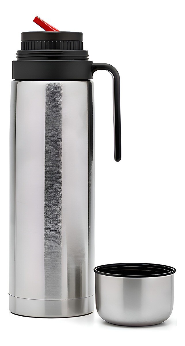 TERMO 1 LITRO ACERO INOXIDABLE DOBLE CAPA CON MANIJA PICO CEBADOR ROJO 