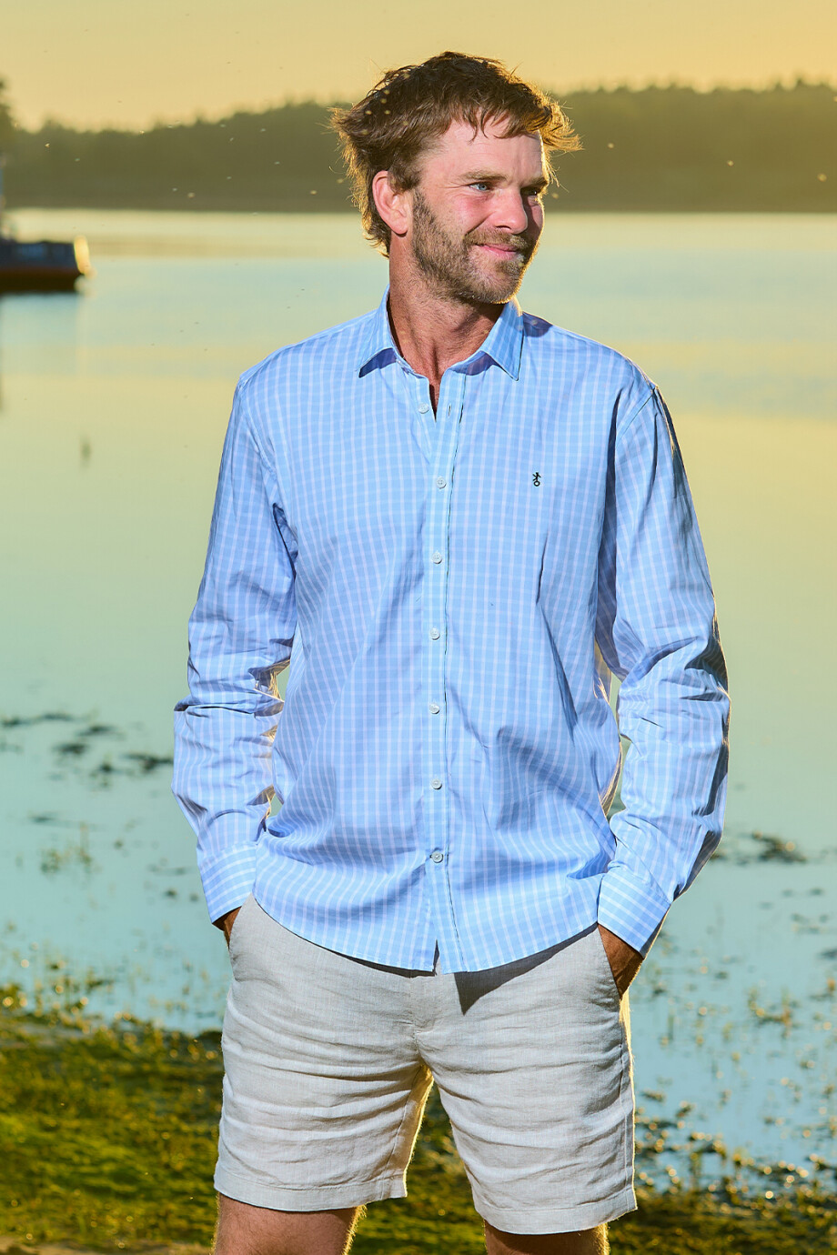 Camisa de Hombre Premium Cuello s/Botones Cuadros Celestes 1