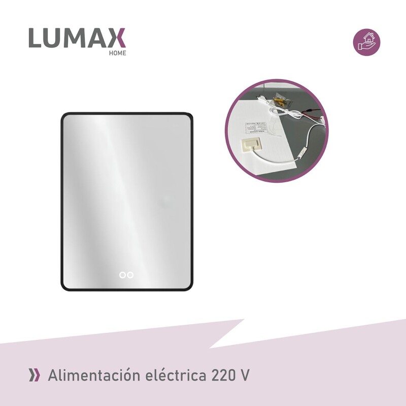 Espejo Vertical Lumax c/marco desempañador y Luz 90x70cm Negro