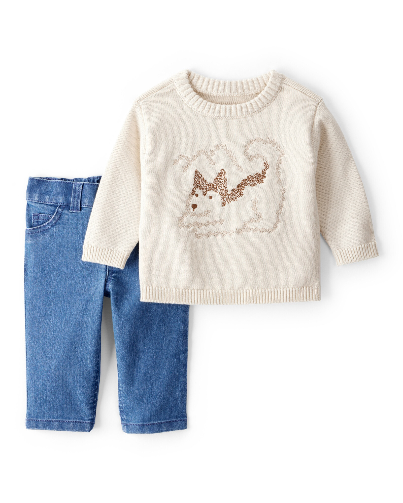 Set dos piezas, pantalón jean y buzo de algodón, bordado perro Sin color