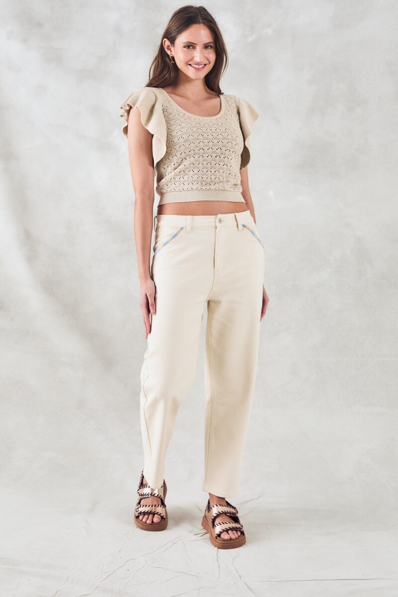 Top Metalizado Manga Volados Beige Melange