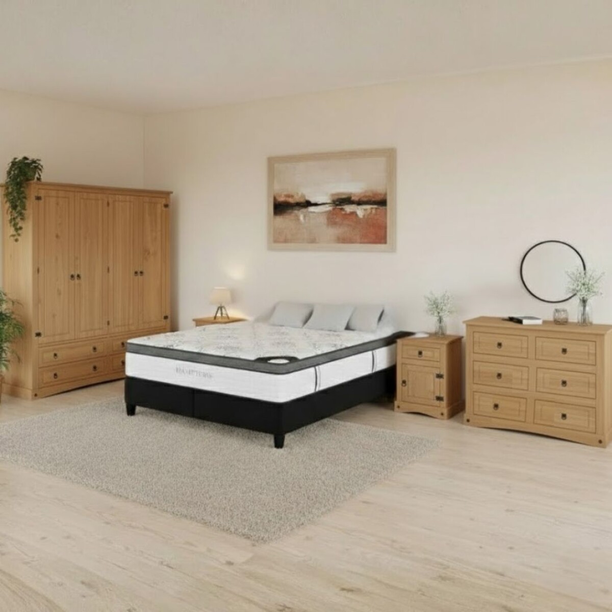 Promo Juego de Dormitorio Linea Naturale + Sommier 2 plazas Hamptons Hybrid Bronze - ROBLE 