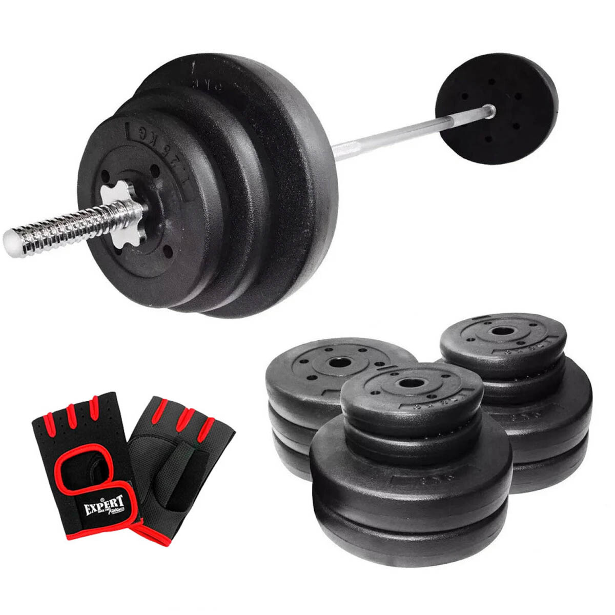 Set Barra Maciza 1.50m +30kg Discos Pesas Gimnasio - 4x5KG + 4x2.5KG 