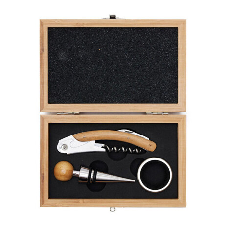 Set de Vino 3 Accesorios con Sacacorchos y Estuche en Madera Natural