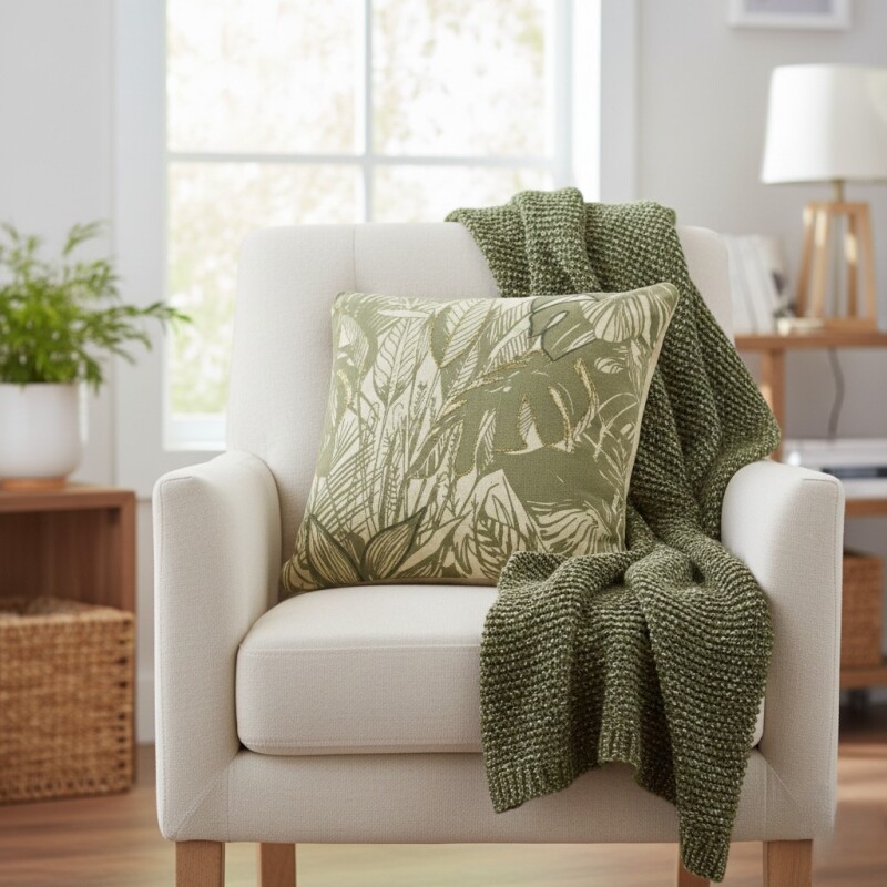 COJIN CUAD ESTAMP VERDE C/BORLAS 40X40CM Unica