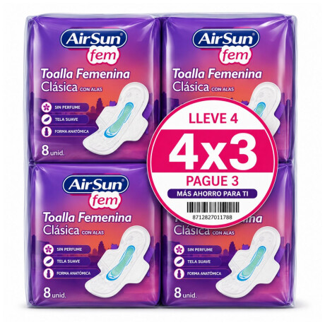 Toallas femeninas AirSun clasicas con alas x8 unidades 4x3 Toallas femeninas AirSun clasicas con alas x8 unidades 4x3