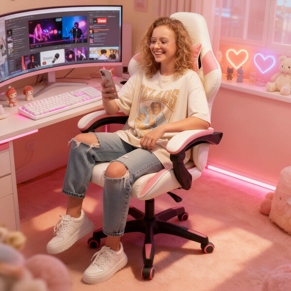 Silla Gamer Ergonomica Escritorio Reclinable Soporta 200kg Imback Blanco con Rosa Silla Gamer Ergonomica Escritorio Reclinable Soporta 200kg Imback Blanco con Rosa