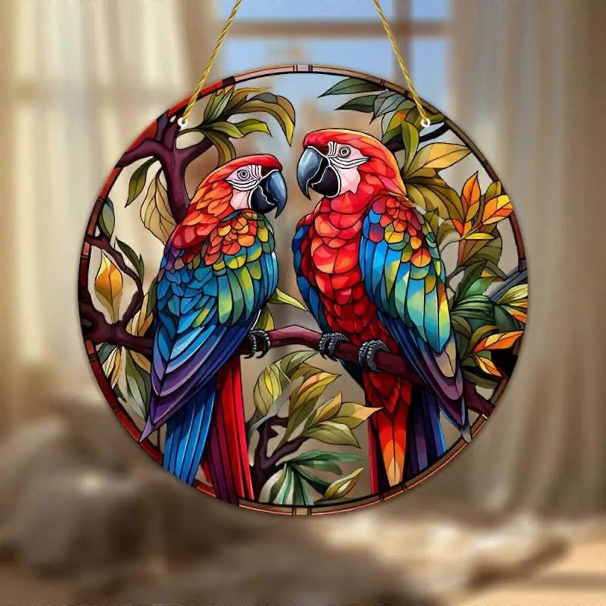 Cuadro Redondo Estilo Vitral - Pareja De Guacamayos 