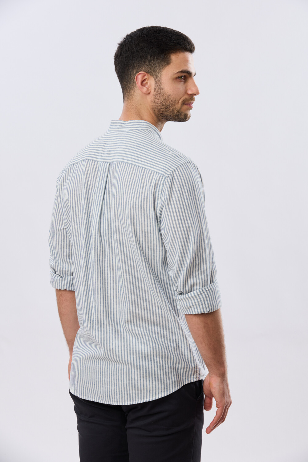 CAMISA RAYADA DE LINO CUELLO MAO Denim