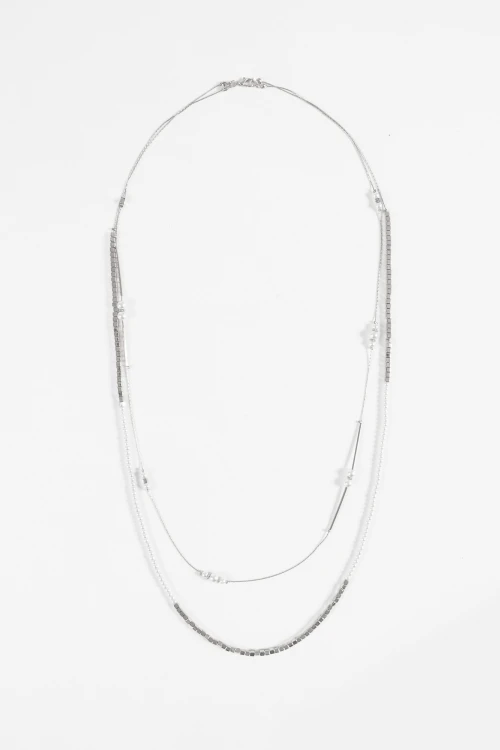 Collar largo doble perlas plateado