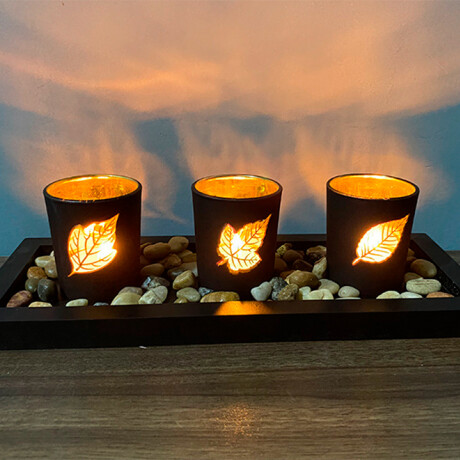 Centro De Mesa Madera Con Set De 3 Vasos De Vidrio Centro De Mesa Madera Con Set De 3 Vasos De Vidrio