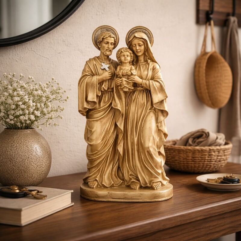 Sagrada Familia de Pie de Cerámica Pintada a Mano con Detalles en Estaño Sagrada Familia de Pie de Cerámica Pintada a Mano con Detalles en Estaño