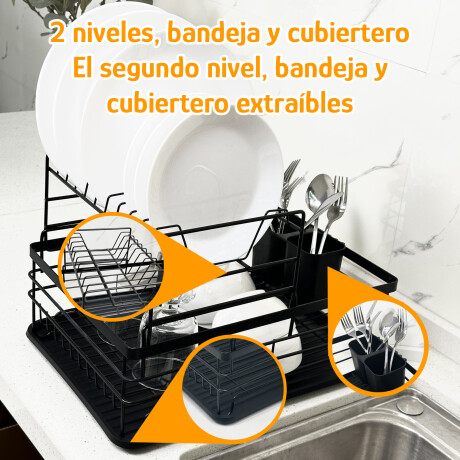 Escurridor Vajilla 2 Niveles Desmontable Cubiertero Bandeja Negro