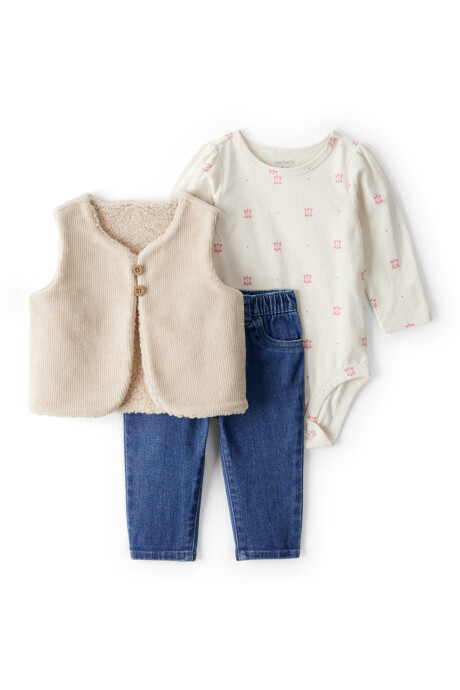 Set tres piezas, chaleco con forro sherpa, pantalón jean y body de algodón Sin color