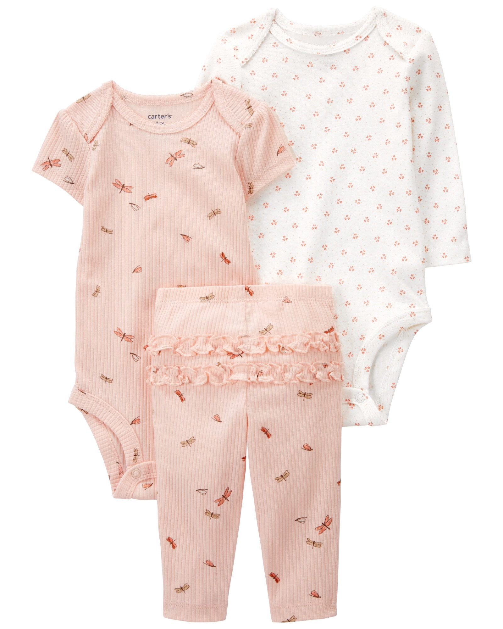 Set tres piezas de algodón, pantalón y bodies, diseño libélula Set tres piezas de algodón, pantalón y bodies, diseño libélula