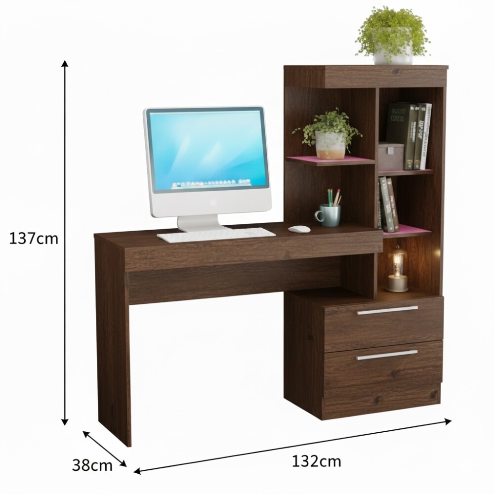 ESCRITORIO MESA PARA PC LAPTOP COMPUTADORA 2 CAJONES CON ESTANTERÍA COLOR MADERA