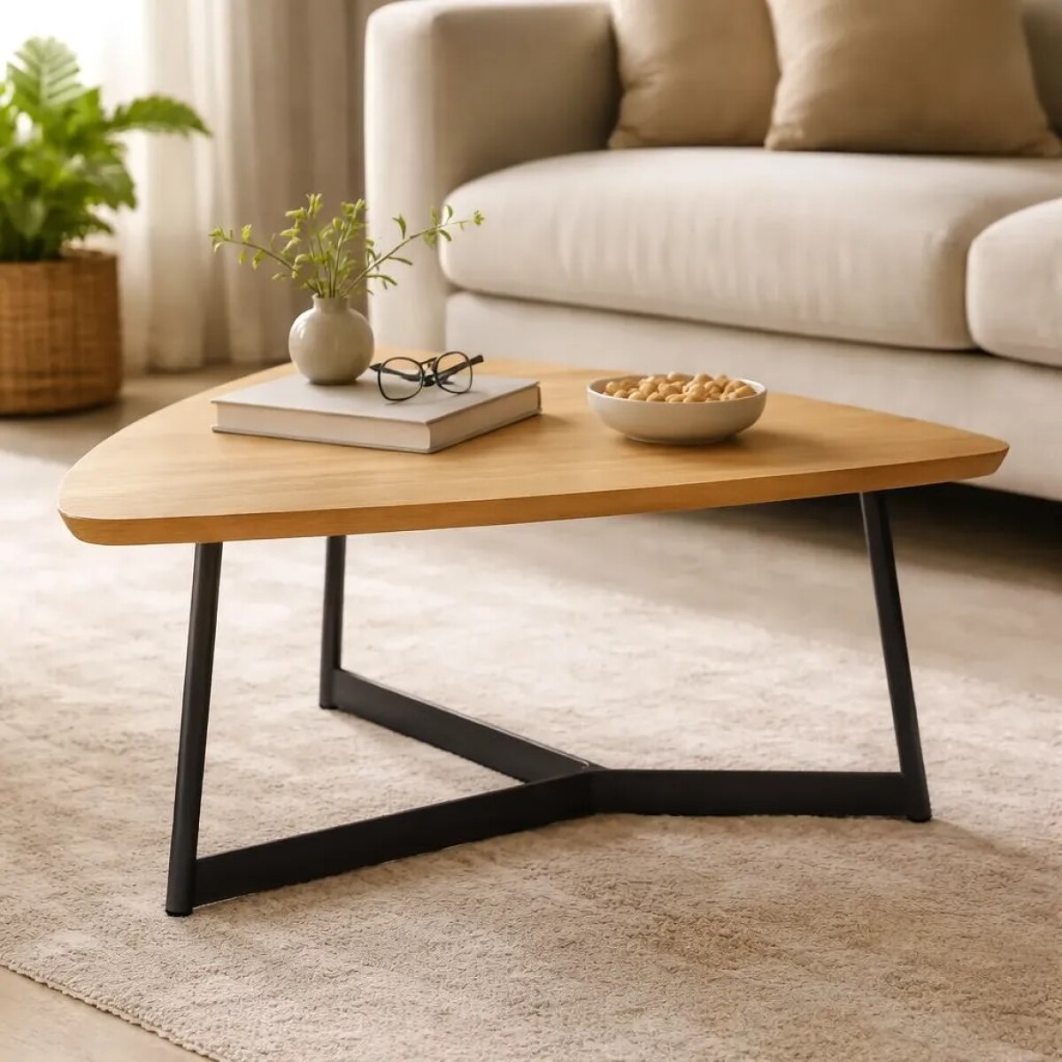 Mesa de centro triangular en madera y metal 