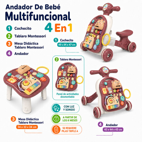 Andador Musical Bebé 4 En 1 Luces Y Sonidos Mesa Didáctica Rosa Viejo