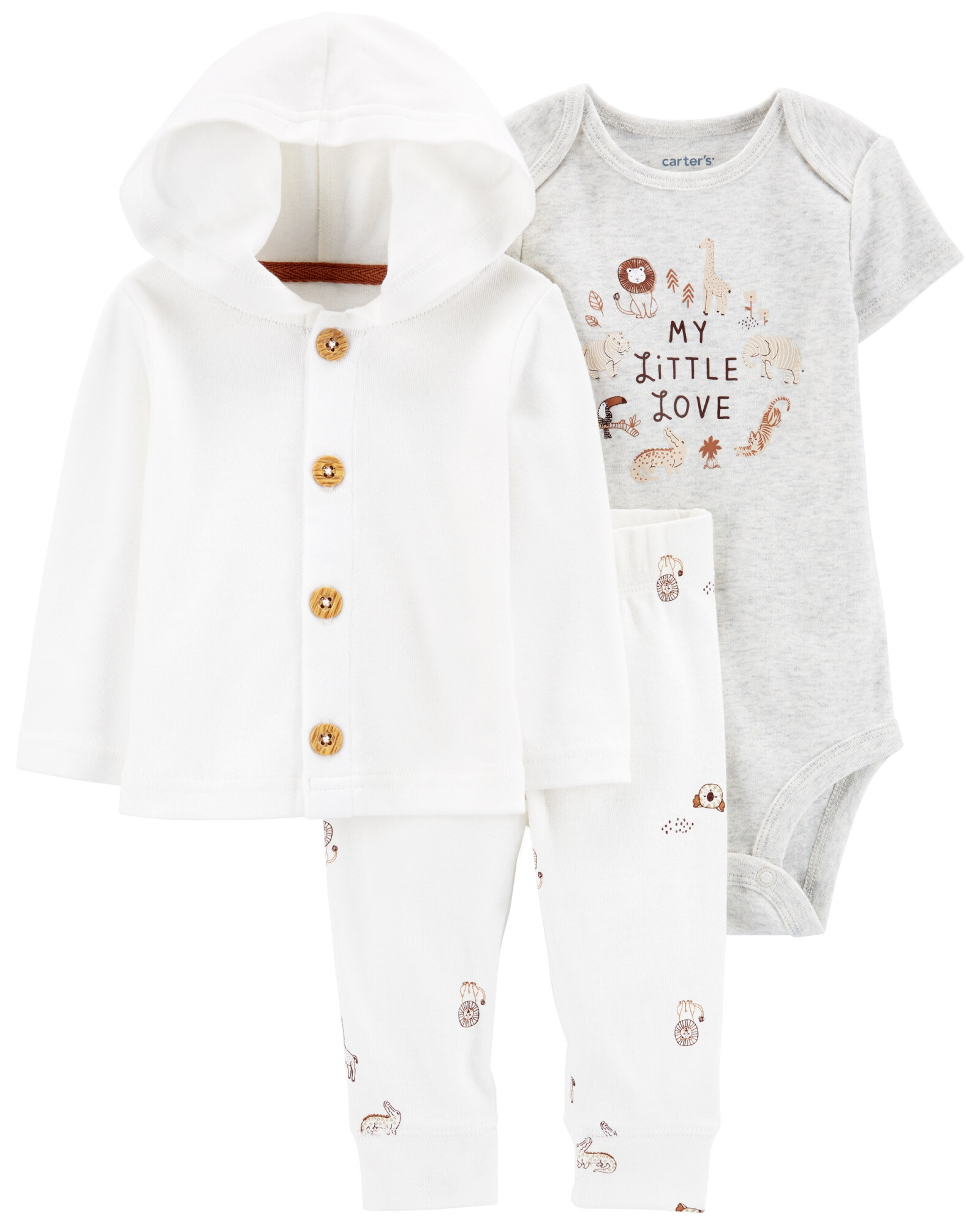 Set tres piezas de algodón, pantalón, saco con capucha y body estampa "little love" Set tres piezas de algodón, pantalón, saco con capucha y body estampa "little love"