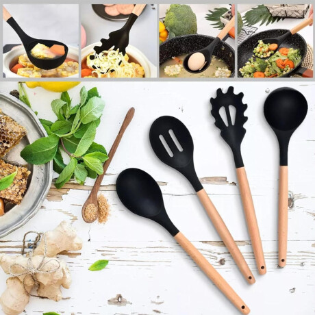 Set Cocina Menage 19Pz Utensillos Cuchillos Tabla c/Soporte Negro