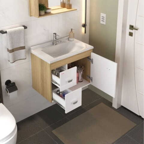 Mueble de Baño Suspendido SMART 56 cm | Bicolor Blanco/Carvalho con 2 Cajones y Espejo Mueble de Baño Suspendido SMART 56 cm | Bicolor Blanco/Carvalho con 2 Cajones y Espejo