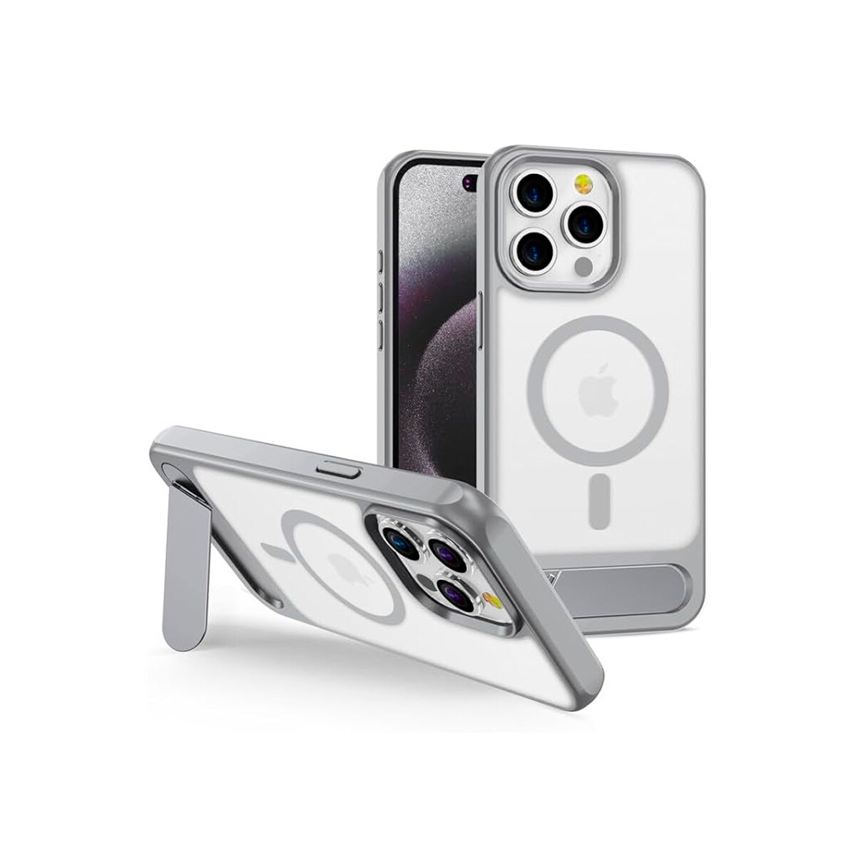 Protector para iPhone 15 Pro Max con MagSafe y soporte gris 