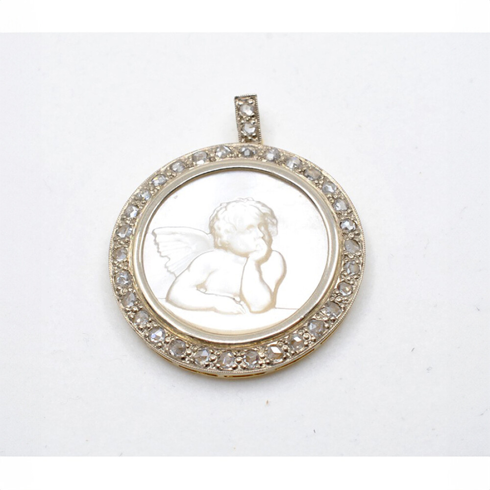 Medalla Estilo Antiguo Oro 18K, Nácar Y Diamantes Imagen Angel. Medalla Estilo Antiguo Oro 18K, Nácar Y Diamantes Imagen Angel.