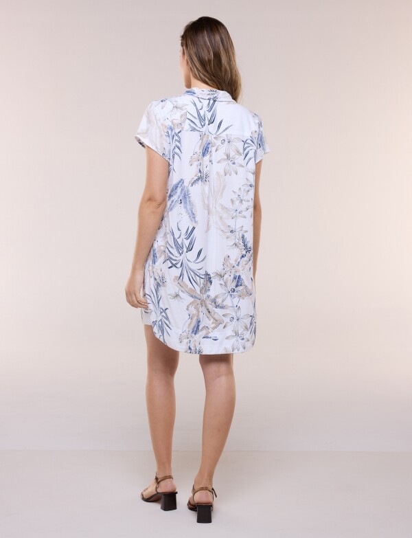 Vestido Corto Lino Cuello Camisa MULTI/BLANCO