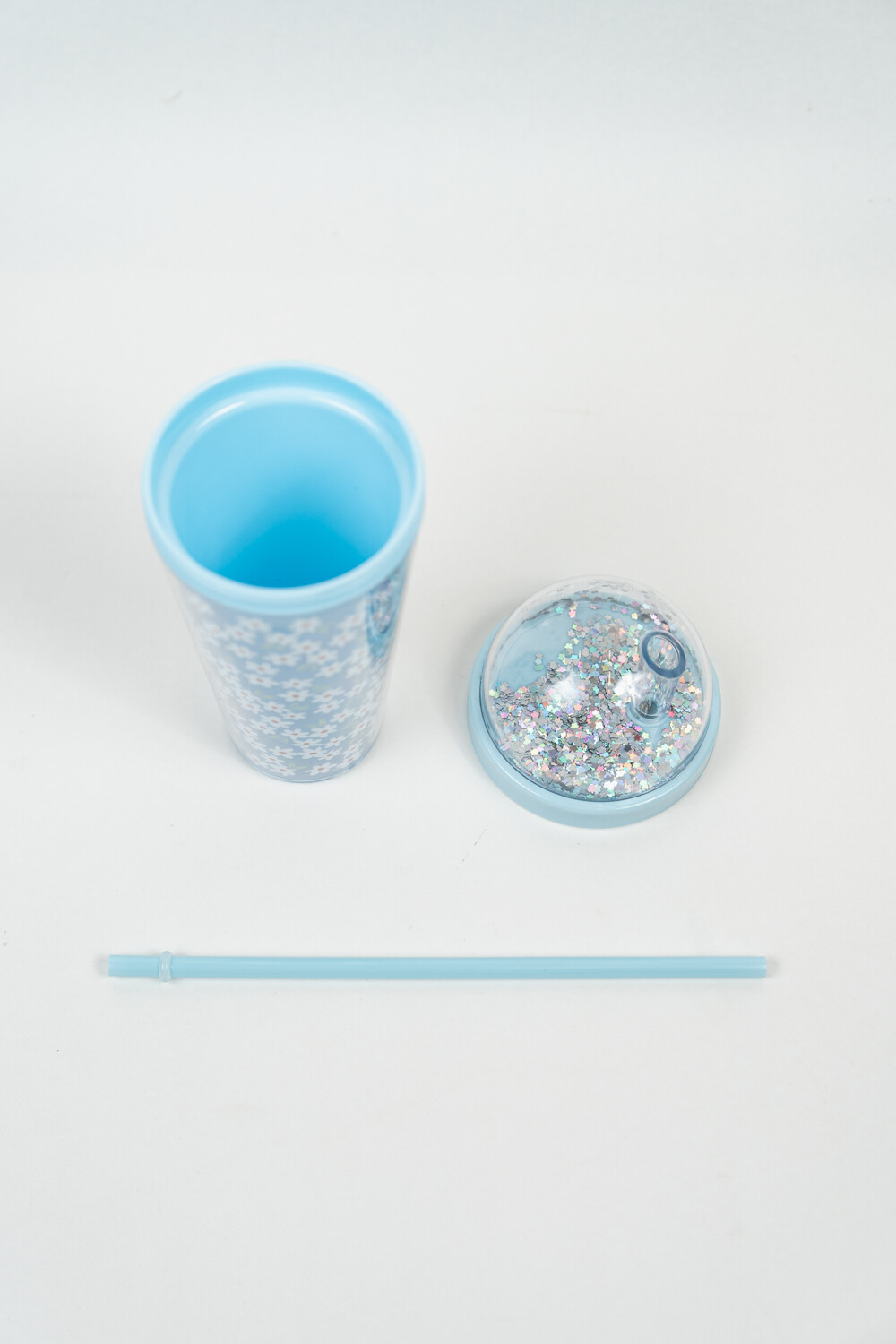 Vaso Con Tapa + Sorbito Glitter Azul