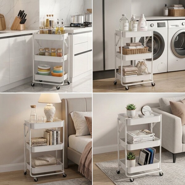 Carro Plegable Carrito Organizador de Metal con 3 Estantes y Ruedas Multiuso IMBACK Color Blanco Carro Plegable Carrito Organizador de Metal con 3 Estantes y Ruedas Multiuso IMBACK Color Blanco