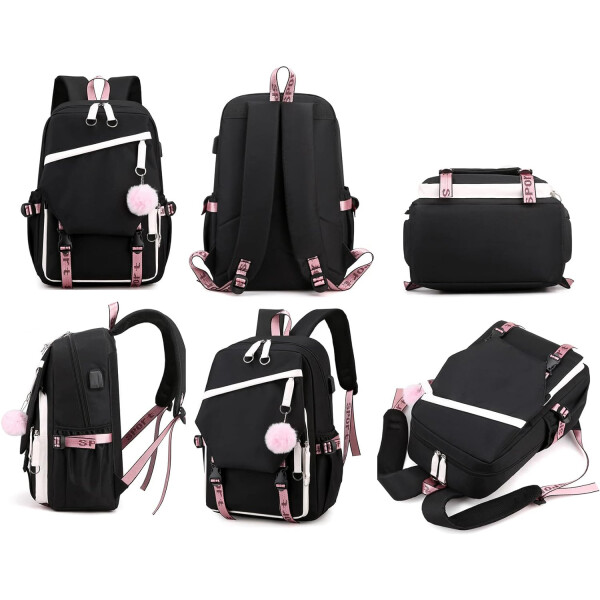 Mochila Impermeable Kawaii Estilo Coreano Notebook Usb Variante Color Negro Y Blanco