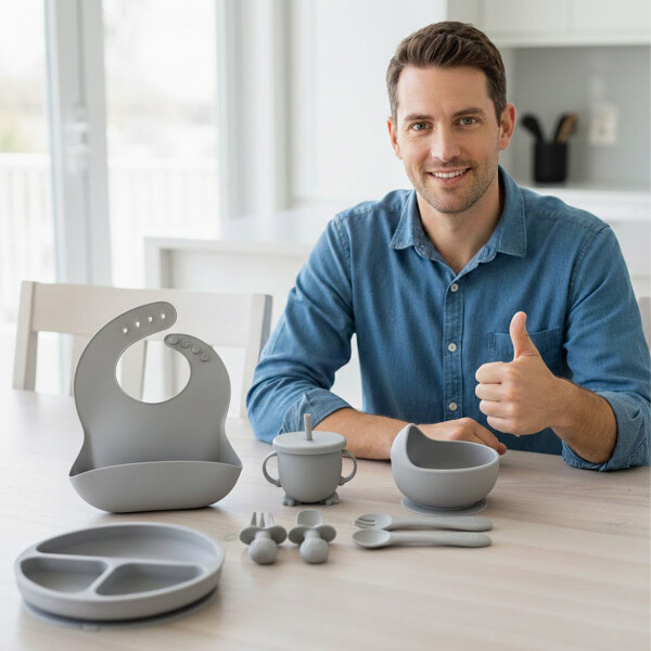 Set Alimentación Bebé Platos Silicona Libre Bpa 10 Piezas Color Gris