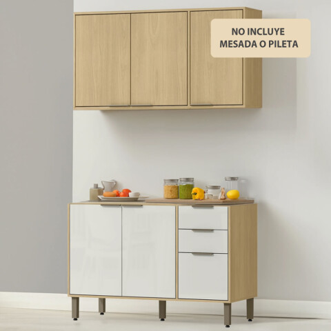 Cocina Modular Gloria Bajo Mesada 3 Puertas 2 Cajones y Aéreo 3 Puertas y Estantes MDP 15mm - Castaño / Off White Cocina Modular Gloria Bajo Mesada 3 Puertas 2 Cajones y Aéreo 3 Puertas y Estantes MDP 15mm - Castaño / Off White