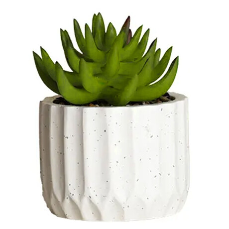 Mini Planta Artificial Decorativa Maceta Acanalada Cemento Verde Claro