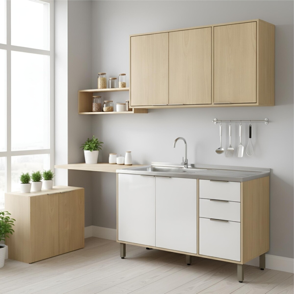 Bajo Mesada 120 cm 3 Puertas 2 Cajones y Aéreo 3 Puertas y Estantes Cocina Modular Gloria MDP 15mm y Pileta Tramontina Izquierda 