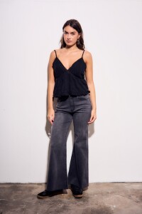 Jean Flared Wide Leg Denim Gris