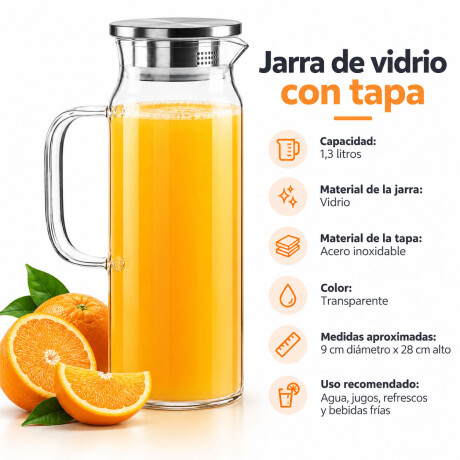 Jarra de Vidrio 1,3L Tapa Acero Inoxidable Bebidas Frias Transparente
