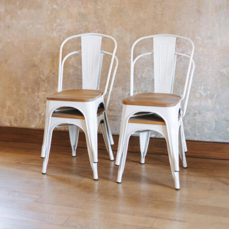 SILLA MADERA TOLIX Silla Metálica Con Asiento de Madera Tolix Blanca