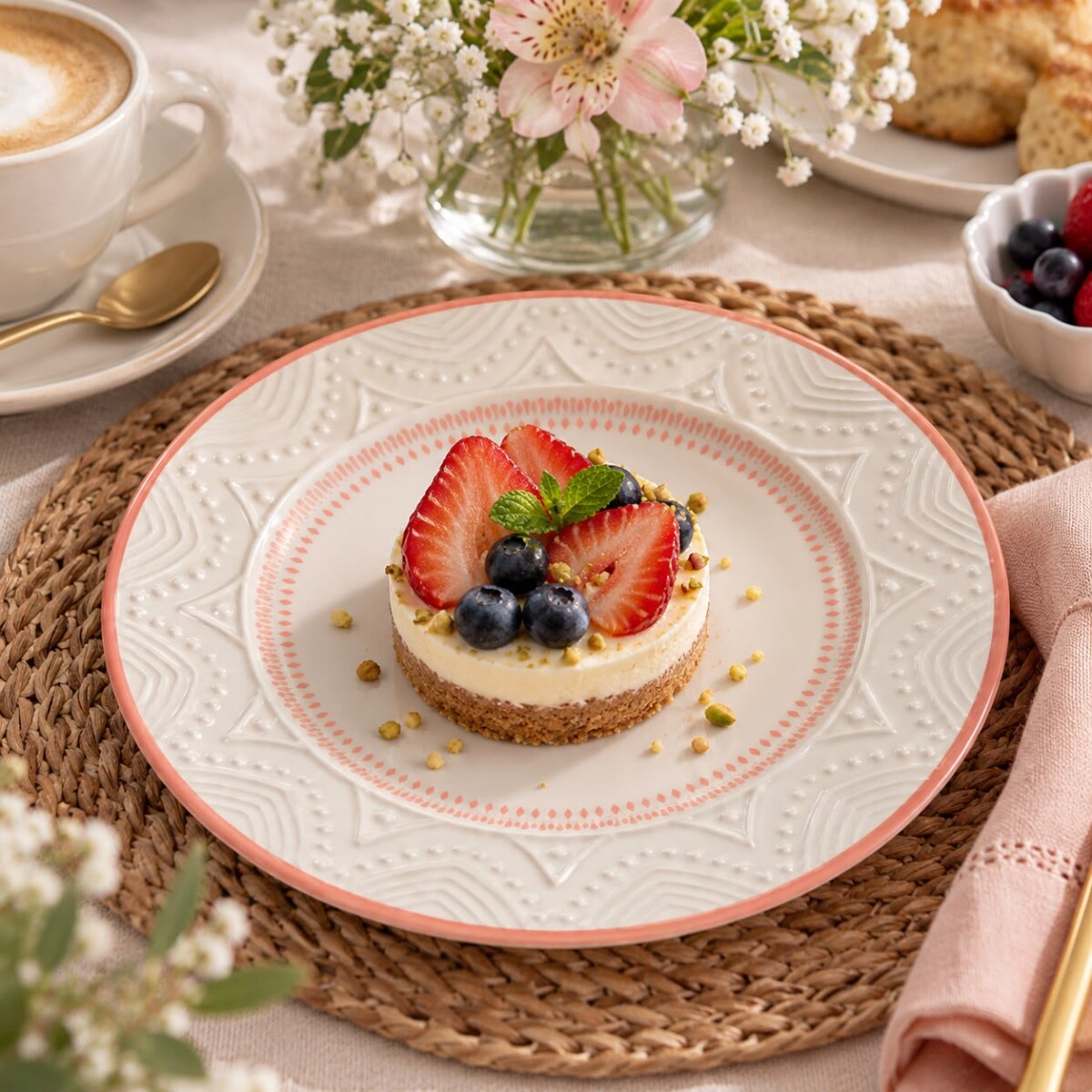 Juego de 6 Platos de Postre de Porcelana Oxford 20cm Borde Rosa 