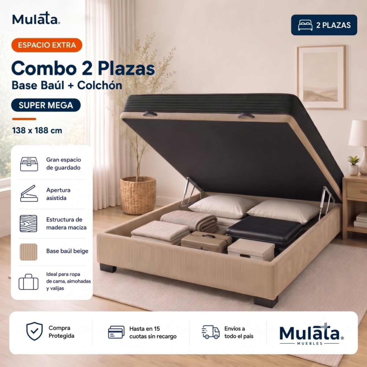 Sommier Baúl 2 Plazas Beige con Colchón Super Mega 138 x 188 Firmeza Media 