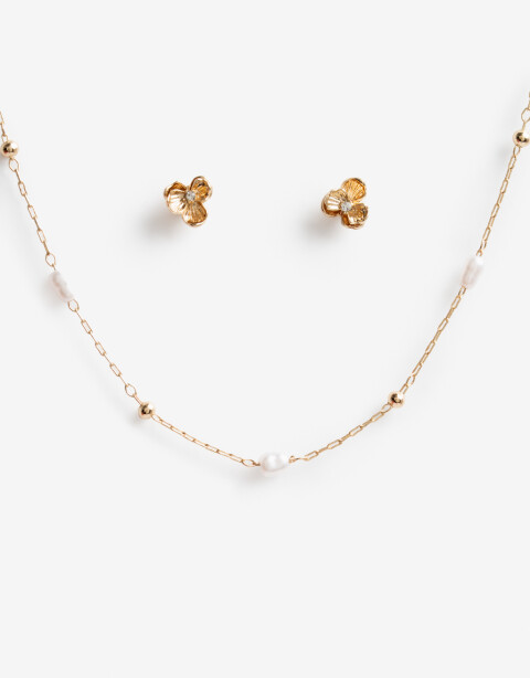 Bijouterie Set Sets temáticos Set De Aros Flor Y Collar Perlas - Dorado Oro Cepillado Mate
