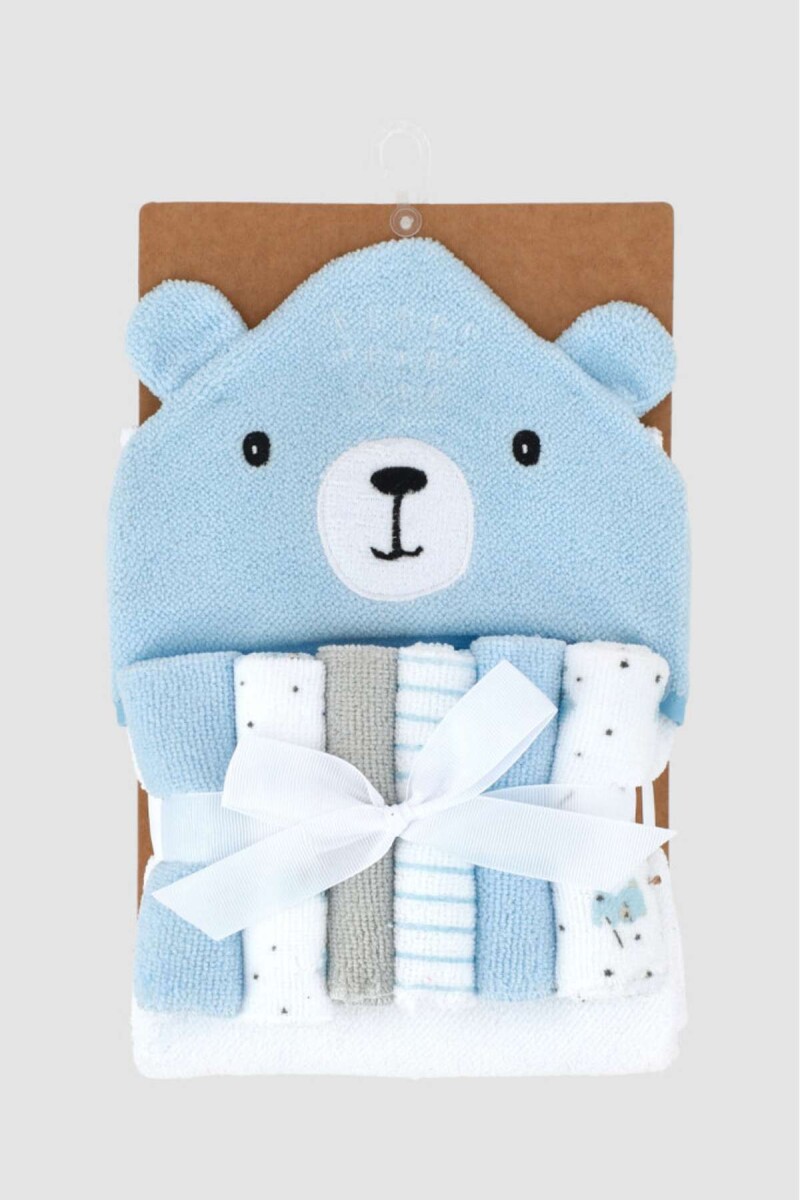 Toalla Con Capucha + 5 Babitas Bebe Oso - Celeste 